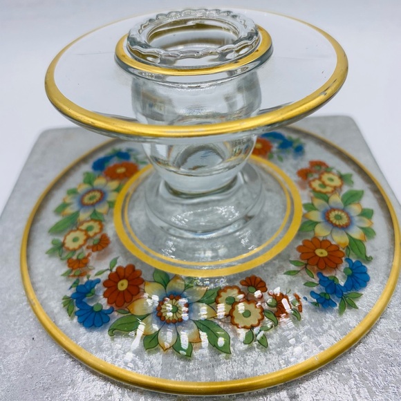 Vintage Clear Glass Candle Holder Multi/Color Floral Design Accented With Gold - Picture 4 of 8